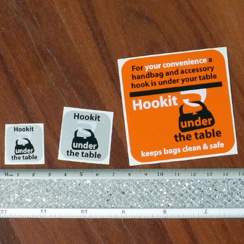 Undertable bag hooks for restaurants and cafes - sticker sizes